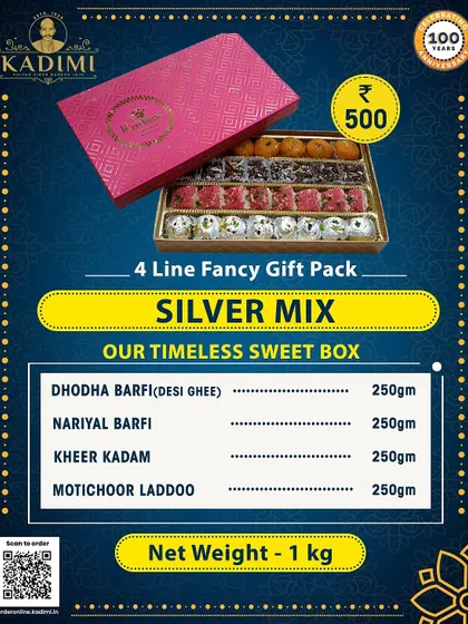 The Silver Mix is our timeless sweet box, perfect for any occasion. This 1kg pack includes Dhodha Barfi, Nariyal Barfi, Kheer Kadam, and Motichoor Laddoo, offering something for everyone.