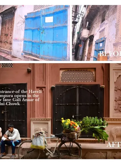 The main entrance to Haveli Dharampura, before and after. The once-plain blue doors and cluttered facade were replaced with grand wooden doors, intricate stone carvings, and restored jaali work.