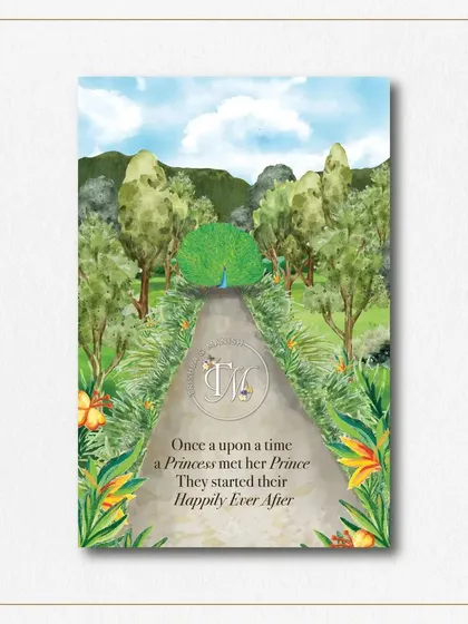 "Once upon a time..." This card from the fairytale suite uses a beautiful custom illustration to introduce the couple's story, complete with their personal monogram, setting a classic fairytale tone.