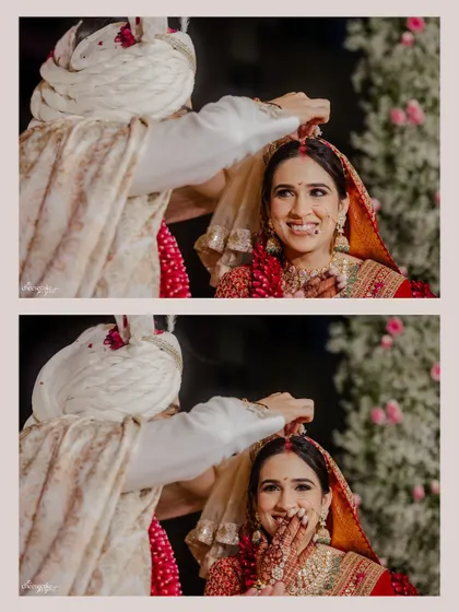 The bride's adorable, candid reactions as the groom performs a ritual during the Pheras. It's these tiny expressions I look for.