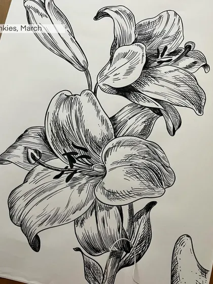 An ink-style drawing of lilies, a piece from my 'Inkies' collection. This work focuses on the expressive power of line and shadow to capture the form of the flowers.