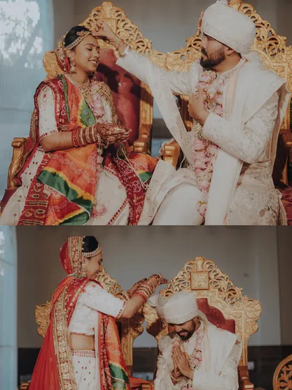 A collage of playful and sweet rituals from the wedding ceremony. The couple anoints each other's foreheads, sharing smiles and blessings.