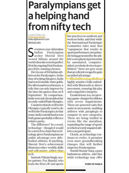 Our Senior Partner, Santosh Vikram Singh, provided his legal perspective to LiveMint on the use of technology in the Paralympics and the associated regulatory framework.