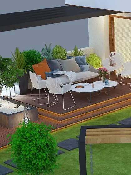 A 3D render of a multi-level terrace garden in Gurugram, with two separate seating areas, a fire pit, and a swing.
