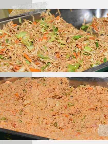A collage showing our vegetable noodles and fried rice, two versatile main course dishes that are loved by all.
