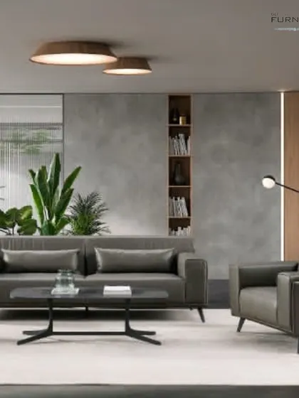 This modern living room uses a dark grey sofa set and a black coffee table to create a sleek, masculine vibe. The large plant and floor lamp add warmth and texture to the space.