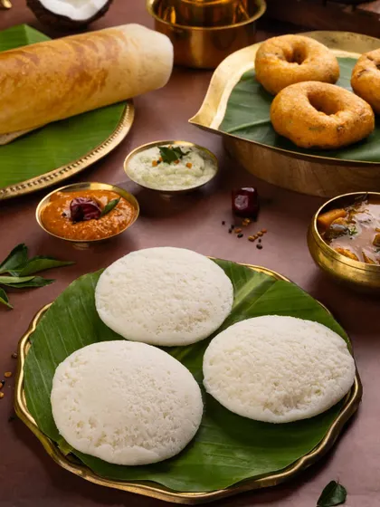 A shot focusing on the soft, fluffy idlis, arranged neatly on a banana leaf.