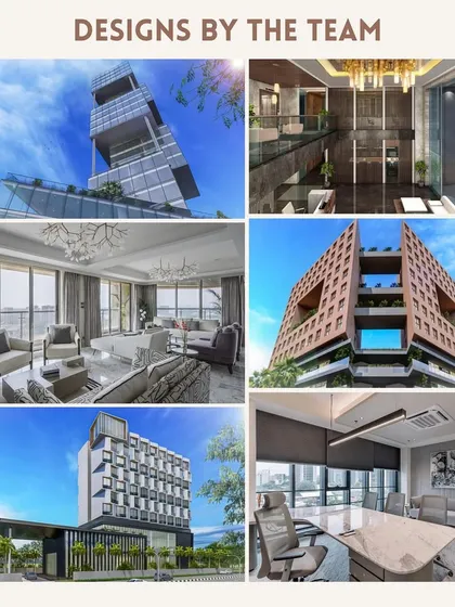 A collage of designs by Mita Patel's team, highlighting their versatility in creating everything from stunning high-rise buildings to sophisticated office and residential interiors.