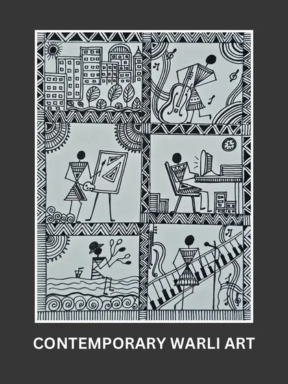 How do you make folk art relatable? Here, students used the traditional Warli style to depict modern activities like playing music and working on a computer.