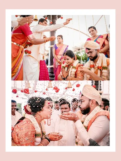 A collage of candid moments from a South Indian wedding ceremony, including the pouring of holy water and the playful showering of rice.
