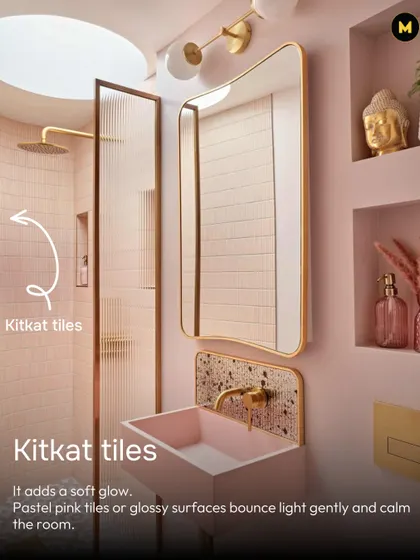Pastel pink Kit-Kat tiles add a soft glow to this bathroom. The glossy surfaces bounce light gently, calming the room and creating a serene, spa-like feel.