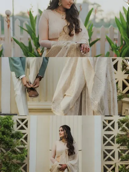 A three-panel collage from an engagement portrait session, showing individual portraits of the bride and details like the groom tying his shoes, telling a small story of the day.