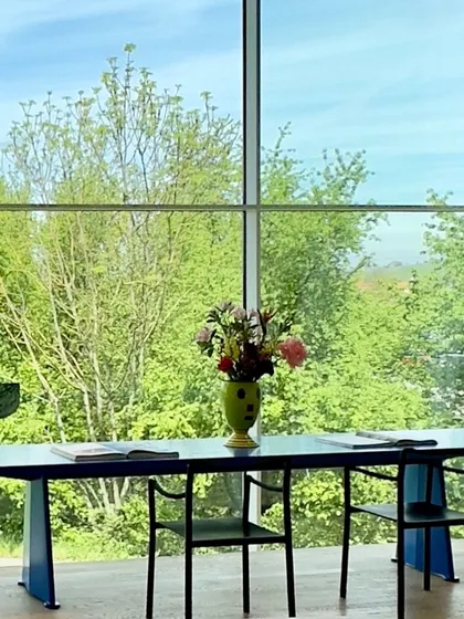 A Jean Prouvé table set against a large window, blurring the line between the interior and the lush greenery outside. This integration of design and nature is a recurring theme in my work.
