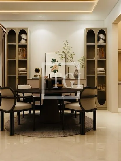 A render of a chic dining area for an upcoming project. The design includes elegant arched bookshelves, a modern dining set, and soft lighting to create a warm and inviting space for meals.