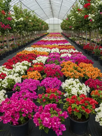 A view inside one of my greenhouses, filled with rows of colorful Bougainvillea plants ready for delivery. This shows the scale of my nursery and the huge variety of colors I cultivate.
