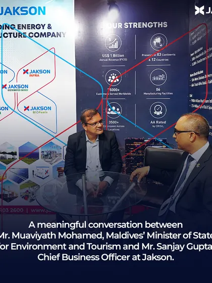 Our leadership engages in meaningful conversations with international partners. Here, our Chief Business Officer discusses sustainable energy solutions with Mr. Muaviyath Mohamed, Maldives' Minister of State for Environment.