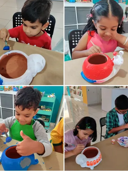 More happy kids painting their chosen animal planters, from snails to turtles, during a fun-filled birthday celebration.