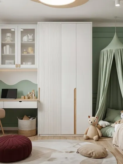 This "Mint Chocolate Coolness" design is for the little explorer. The wardrobe and desk unit in soft green and natural wood feels fresh and calming, with a canopy bed corner for imaginative play and a well-organized space for all their treasures.