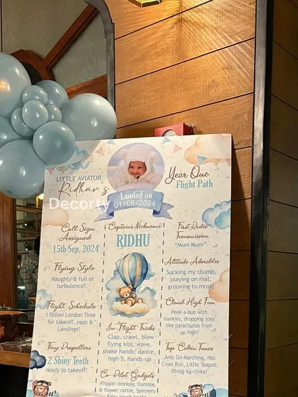 A close-up of the personalized 'Flight Path' milestone board, celebrating the first year of the little aviator.