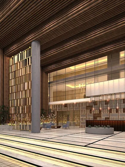 This 3D render showcases our design for a grand entrance lobby in a Yelahanka commercial property. We focused on creating a sense of scale and sophistication with double-height ceilings, rich wood textures, and layered lighting to welcome visitors.