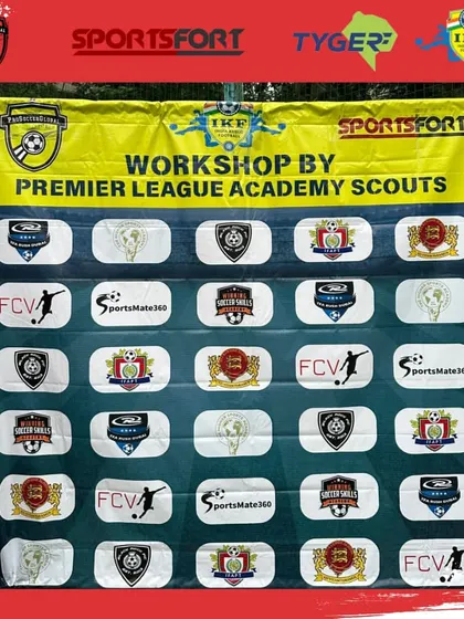 This banner from our workshop with IKF and Premier League scouts lists the numerous international academies and clubs our players can get exposure to.