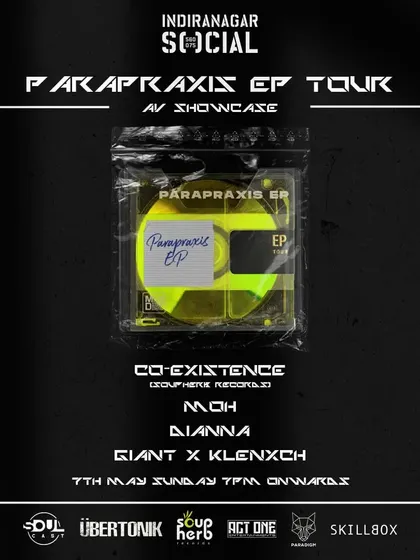 The poster for the "Parapraxis EP Tour," an AV showcase at Social, Indiranagar, for the artist Co-existence.