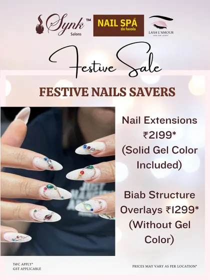 A "Festive Nails Savers" offer for both nail extensions and BIAB overlays. The image features a beautiful set of extensions with intricate, jeweled nail art.