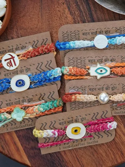 All my charm rakhis displayed on their backing cards. So much love goes into each one.