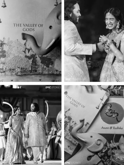 A black and white collage from the Jamnagar pre-wedding events. It highlights the theme of 'The Valley of Gods' and captures candid moments of joy and tradition.