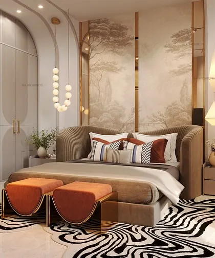 Another view of the curved bedroom, highlighting the unique hand-shaped chair and the way the curved wardrobe doors blend into the wall. Every element is designed to feel soft and sculptural.