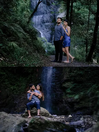 A collage of moments from the waterfall shoot, showing both posed and candid interactions.