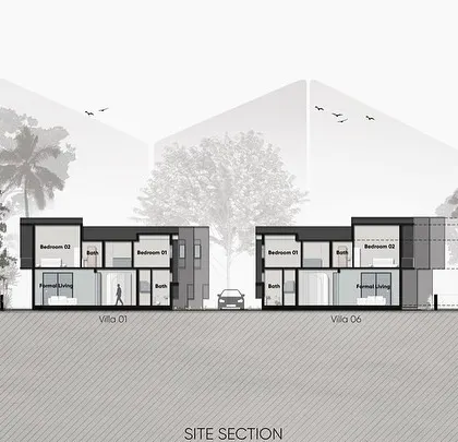 A site section for the Vagator Villas project. This drawing shows the relationship between two villas, illustrating how they are positioned relative to each other and the street, and how their internal spaces are organized.