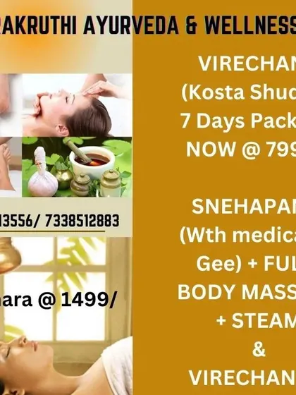 I offer curated therapy packages for complete rejuvenation. This shows my 7-day Virechana (Kosta Shudhi) package, which includes medicated ghee intake (Snehapana), full-body massage, and steam for a comprehensive detox experience.