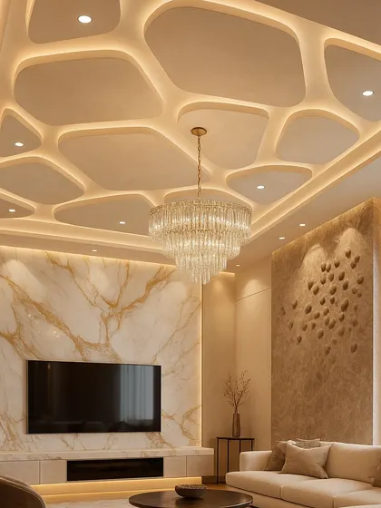 A glimpse into a luxurious living room we designed, featuring a custom gypsum false ceiling with organic curves and integrated cove lighting. The design also includes a marble-finish TV wall panel and carefully selected furniture to create a cohesive, high-end look.