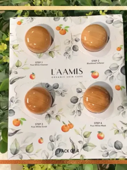 This L'AAMIS facial kit shows the four-step process we use in our organic treatments, including a cleanser, blackhead softener, scrub, and mask for a complete skin refresh.