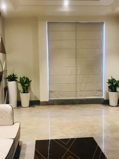 The waiting lounge in a Faridabad office, where I used tall planters and soft Roman blinds to create a calm and welcoming atmosphere. The geometric feature wall adds a dynamic element to the space.