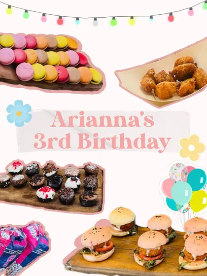 A collage of the kid-friendly treats we served at Arianna's 3rd birthday. We believe party food should be fun, so we offered a spread of colorful macarons, mini burgers, chicken nuggets, and assorted donuts.