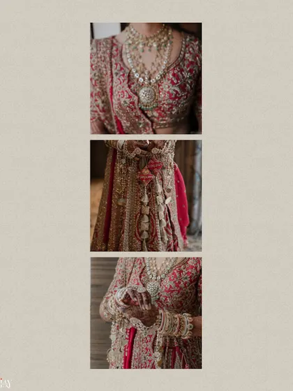 A triptych of details from the bride's wedding look, including her blouse, waist, and hands.