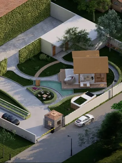 A bird's eye view from a 3D render, showing the complete site plan with the gazebo as a central feature, connected by curving pathways and surrounded by layered landscaping.