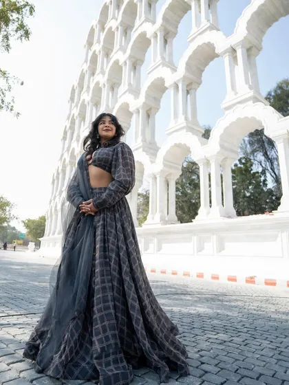 A full shot of our grey plaid Indo-Western lehenga. It's a unique piece for someone who wants to stand out.