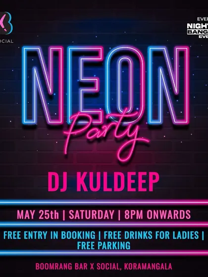 The poster for a 'Neon Party' at Boomrang. These events are consistently popular, combining the energy of a Bollywood and Punjabi night with the visual excitement of a full neon theme.