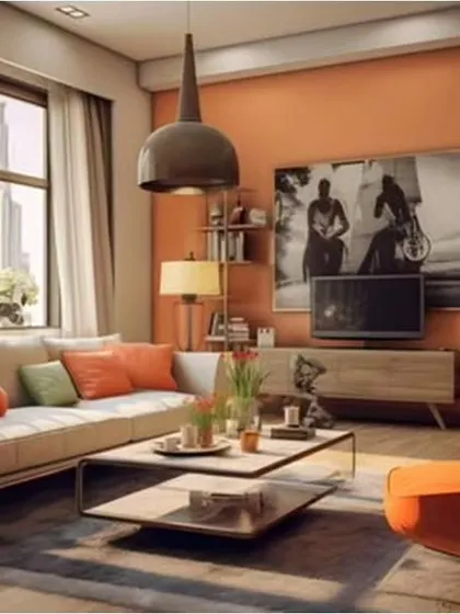 This living room uses a warm, earthy color palette with terracotta walls and an orange accent chair. It's a cozy and inviting space with a mid-century modern feel.