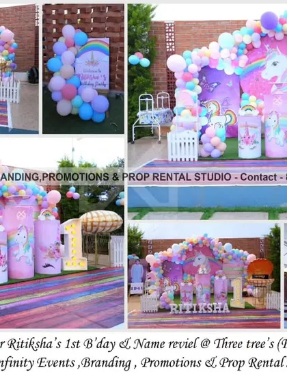 A grand unicorn theme for a first birthday and name revealing ceremony at Three Tree. This large outdoor setup features a beautiful pastel balloon garland, multiple themed props, and a spacious seating arrangement for guests.