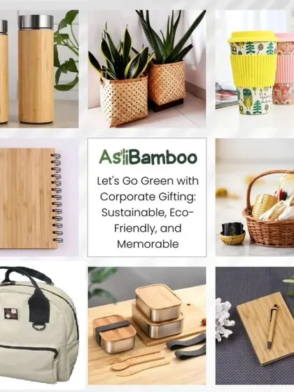 This collage presents a vision for green corporate gifting, featuring our bamboo flasks, planters, notebooks, bags, and lunchboxes. It shows the wide range of memorable and sustainable gifts we can provide.