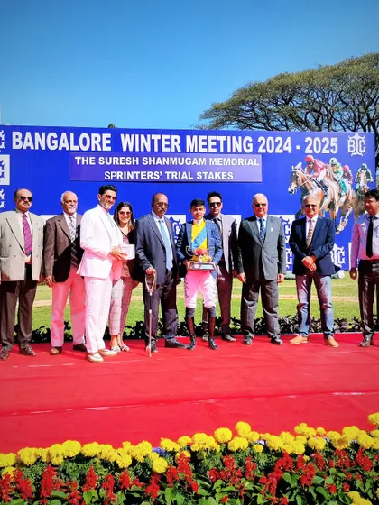 The winning team of Isnt She Beautiful at the presentation ceremony for The Suresh Shanmugam Memorial Sprinter's Trial Stakes.