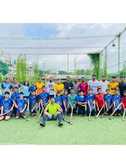 A large group photo of our junior, senior, and toddler players together. This image truly represents the full scope of our Hockey Navi Mumbai family.