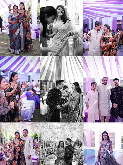 A collage of candid moments, dancing, and family fun from a vibrant pre-wedding celebration.