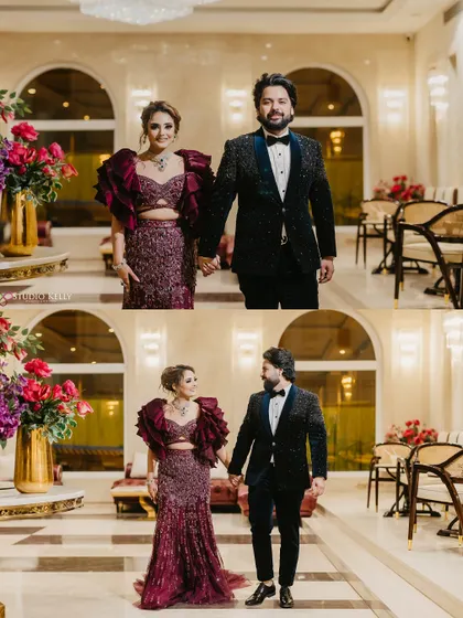 A collage of the couple's engagement, showing them walking hand-in-hand and sharing a look.