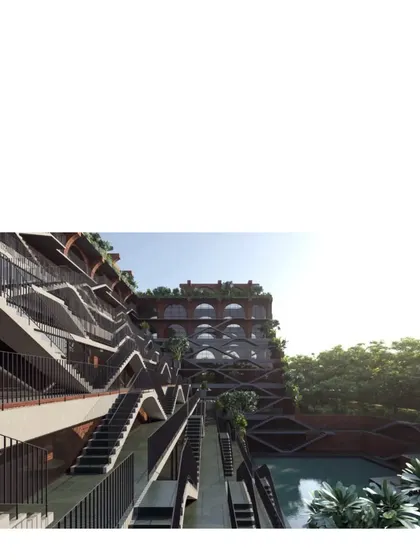 A render of the Sanskriti Vihara facade, showing the intricate network of staircases that allow one to traverse the building's exterior. It is an ancient modern idea, a reinterpretation of our history.