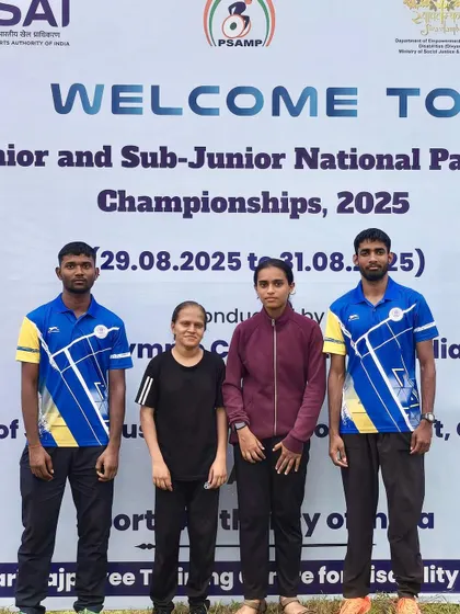 Soumya shines in the T12 Blind Category. Pictured with her fellow athletes, she brought home gold in the 400m and silver in the 1500m, proving her incredible endurance and spirit.